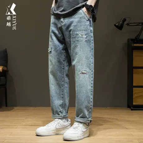 希越2024春季新款直筒牛仔裤男设计感刮烂男士休闲裤大码九分裤子商品大图