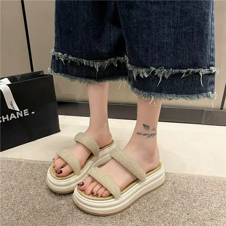 水钻双带松糕厚底拖鞋女夏外穿2024新款仙女风不灵不灵踩屎感凉拖图片