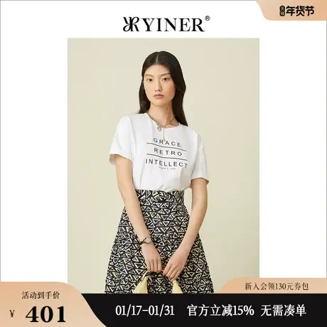 YINER音儿女装2022夏季修身字母上衣白色短袖t恤女商品大图