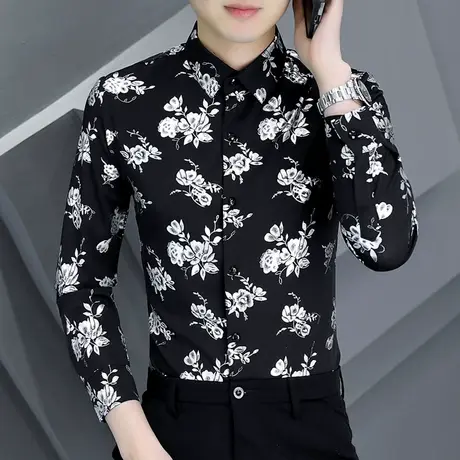 衬衫男士春秋季长袖痞帅韩版修身款抗皱寸衫潮牌玫瑰印花时髦衬衣商品大图