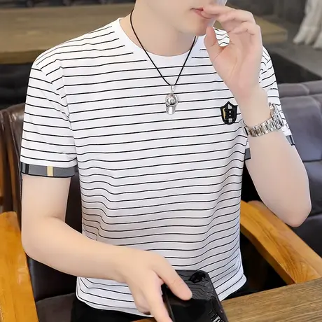 纯棉柔软短袖t恤男夏季潮流条纹刺绣男款打底衫修身圆领半袖衣服图片