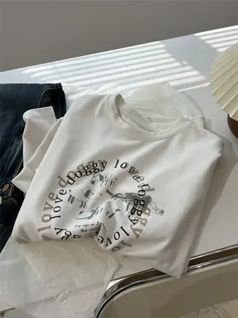 复古做旧印花乳白色圆领长袖T恤女宽松慵懒显瘦纯棉亲肤打底衫春商品大图