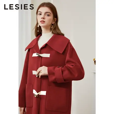 蓝色倾情春秋新款红色学院风翻领绵羊毛长款双面呢子牛角扣大衣女图片