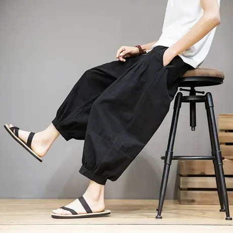 夏季宽松裤子男九分裤加肥加大码宽腿阔腿哈伦裤中国风胖子休闲裤图片