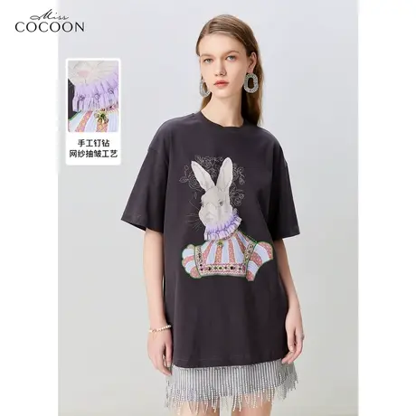 missCOCOON法式复古钉珠短袖T恤女2023夏装新款圆领半袖体恤上衣商品大图