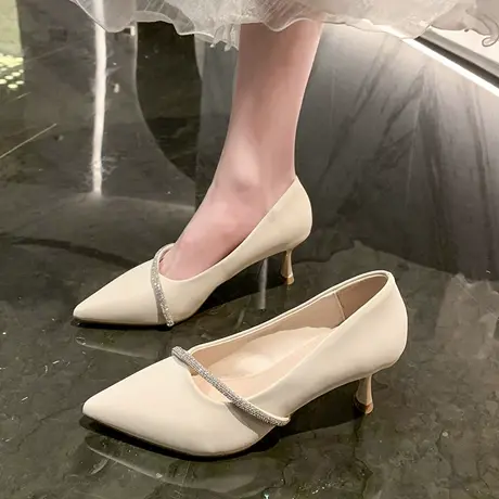 法式高跟鞋女细跟2024年新款春秋尖头白色单鞋通勤水钻女士工作鞋商品大图