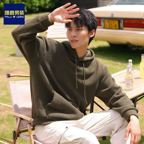 雅鹿男装秋冬季加绒连帽卫衣男士宽松套头加厚摇粒绒2023新款上衣商品大图