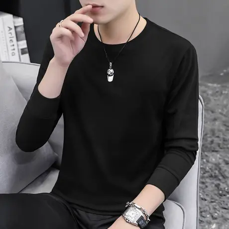 纯棉长袖t恤男春秋冬季圆领内搭加绒加厚保暖打底衫黑色全棉秋衣商品大图