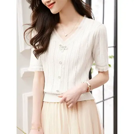 时尚气质甜美V领短袖针织衫2023年年夏季新款女温柔修身显瘦上衣商品大图