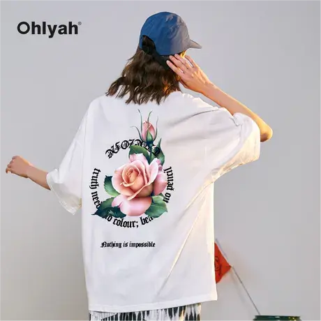 Ohlyah圆圈字母粉玫瑰印花短袖t恤男女无性别夏季大码学生初中生商品大图