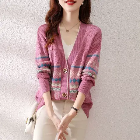 文艺复古毛衣开衫系扣外套女春秋2023新款宽松显瘦慵懒针织衫外搭商品大图