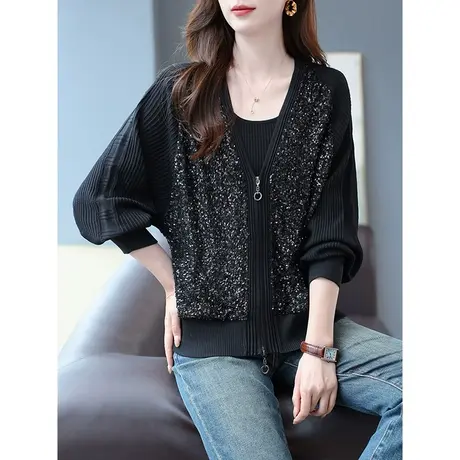宝诗黎V领亮片拼接时尚短外套针织拉链开衫女新款2023宽松春秋装商品大图