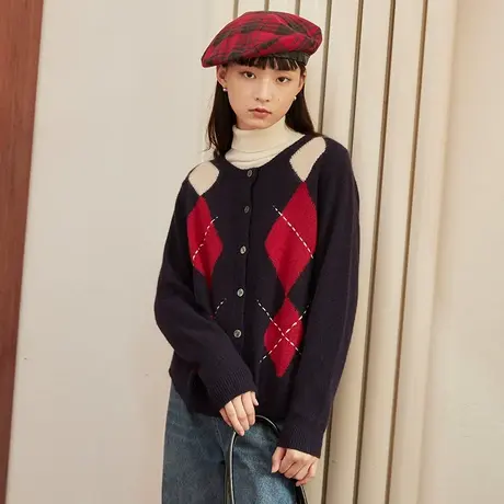 omont蛋挞家 复古菱形格针织开衫女秋冬宽松慵懒风设计感毛衣外套商品大图