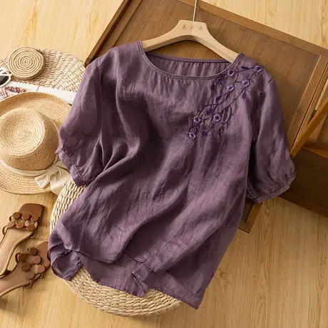 享永子短袖刺绣苎麻上衣女文艺复古宽松显瘦棉麻小衫2023夏季新款图片