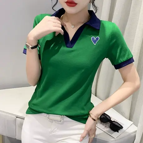 拼色POLO衫女短袖2023夏季新款修身百搭翻领T恤洋气别致上衣欧货图片