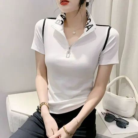 时尚潮牌T恤女短袖2023夏装新款个性网红拉链上衣气质翻领小衫ins商品大图