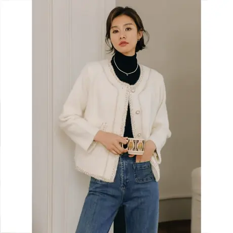 弥古白色仿水貂绒针织开衫高级感小香风毛衣外套女2023秋装名媛风商品大图