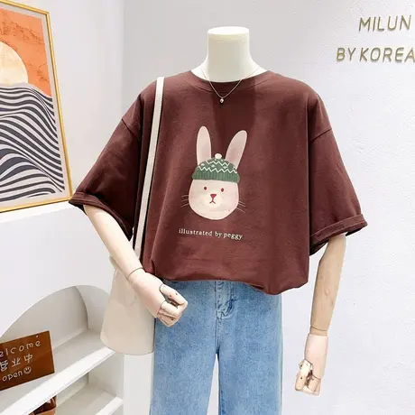 2023秋季韩代款ins慵懒风兔子印花磨毛加厚短袖T恤遮肉上衣打底衫商品大图