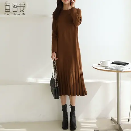 百洛安长款过膝宽松毛衣女秋装新款气质圆领长袖打底针织连衣裙潮图片