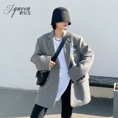 毛呢西装外套女秋冬季韩版宽松宽肩加厚复古廓形羊毛呢子小西服图片