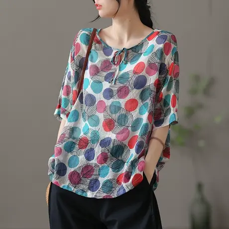 dza复古薄款棉麻上衣女士夏季短袖体恤短款漂亮t恤宽松棉麻打底衫商品大图