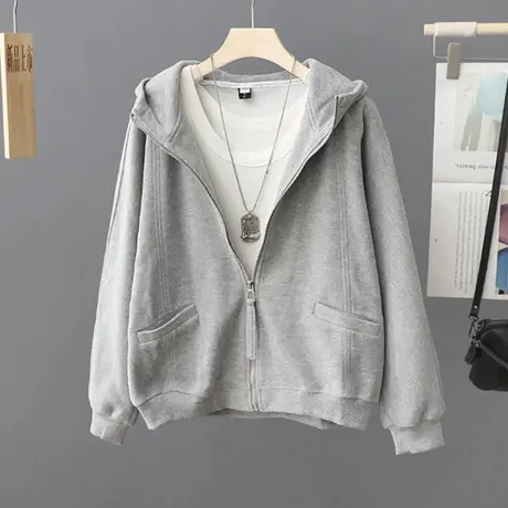 简约纯色连帽外套拉链卫衣女秋装2023年新款韩范休闲上衣百搭开衫商品大图