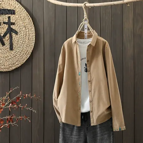 枫谜2021年秋装新款文艺简约刺绣灯芯绒衬衫女宽松休闲舒适衬衣图片