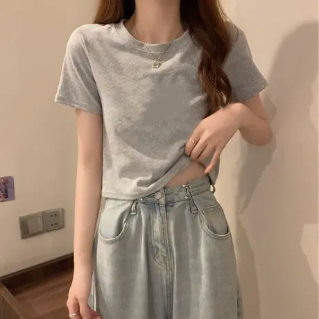 早春辣妹短款上衣服女ins潮2023新款春秋季设计感小众灰色短袖T恤商品大图