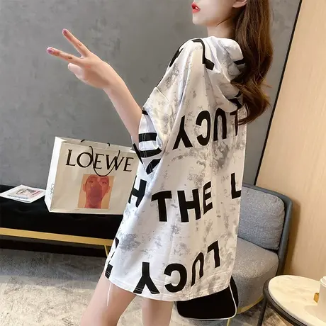 网红ins超火短袖t恤女韩版宽松大码女装中长款连帽下衣消失上衣潮图片