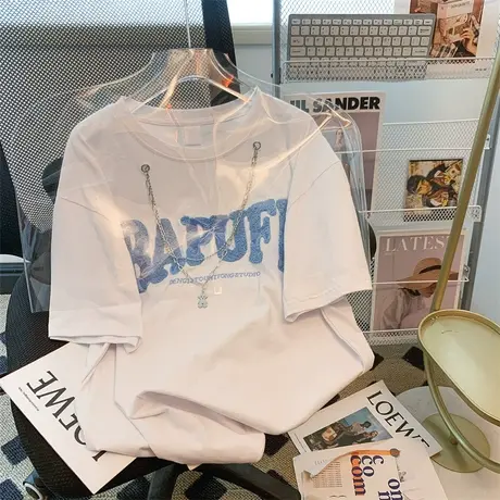 纯棉别致设计感项链短袖t恤女ins潮牌夏季宽松小众半袖大码上衣服图片