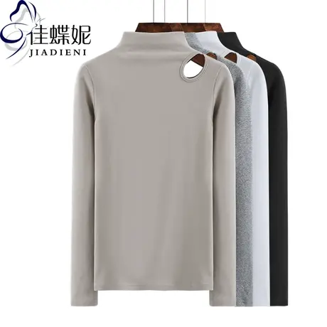 春秋新款韩版纯棉半高领长袖体恤纯色修身镂空打底衫女装上衣T袖商品大图