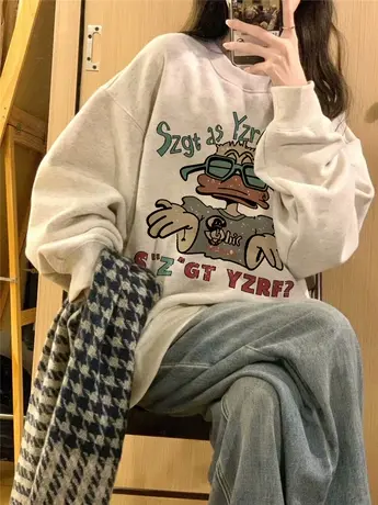 圆领卫衣女春秋薄款小个子宽松慵懒风港味chic美式复古无帽上衣潮图片