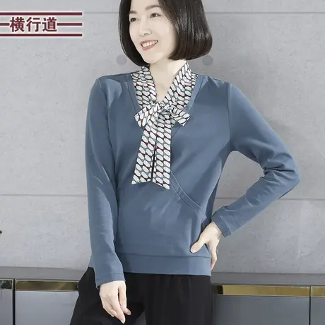 2023新款冬季飘带领拼接宽松胖MM中年妈妈长袖T恤女装大码雪纺衫图片