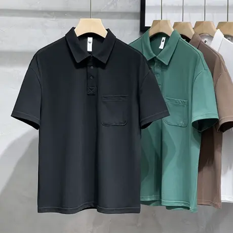 纯色口袋短袖POLO衫男夏季宽松潮牌翻领半袖T恤日系休闲保罗体恤商品大图