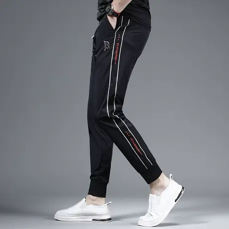 黑色冰丝休闲裤男2023夏季新款潮牌修身束脚薄款弹力松紧腰裤子男商品大图