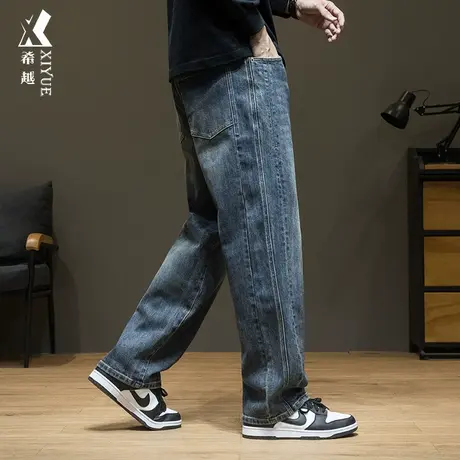 希越蓝色重磅复古水洗牛仔裤男秋季宽松大码微弹贴布口袋直筒长裤商品大图