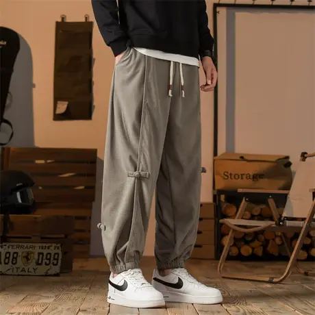 中国风休闲裤男秋季新款灯芯绒长裤日系复古加肥加大码收口束脚裤图片