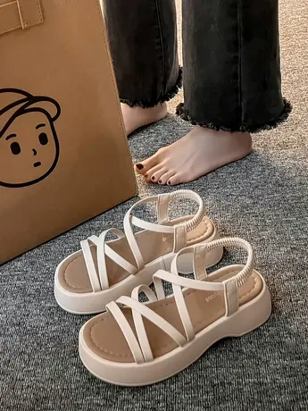 罗马凉鞋女2023今年新款夏季厚底一字带百搭时尚平底仙女风松糕鞋商品大图