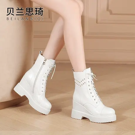 真皮加绒舒适厚底坡跟短靴女秋冬季新款白色系带防水台高跟马丁靴图片