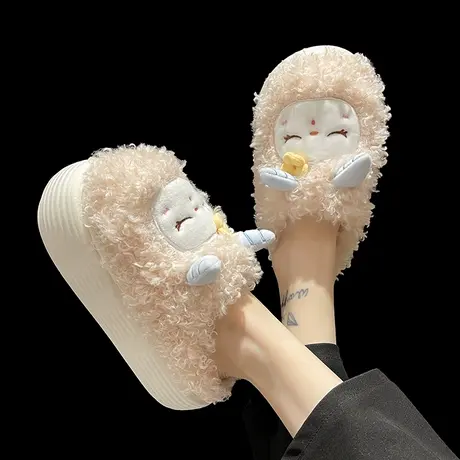 厚底高跟棉拖鞋女冬季外穿可爱小羊室内家居防滑毛绒保暖月子棉拖商品大图