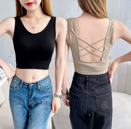 后背交叉露脐美背吊带女夏季黑色背心一体式带胸垫露腰性感上衣潮图片