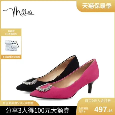millie's/妙丽2023秋新款羊皮高跟鞋优雅钻扣细跟女单鞋SAT66AQ3商品大图