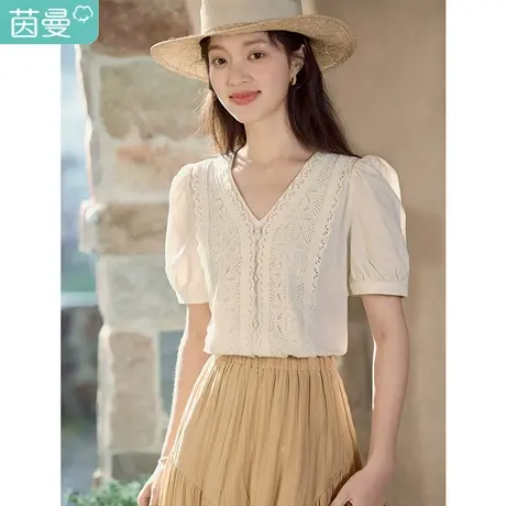 茵曼法式白色衬衫女2023年夏季新款别致v领纯棉宽松短袖衬衣上衣商品大图