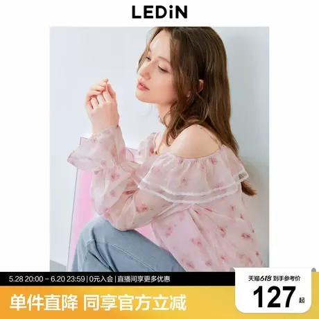 乐町浪漫一字领雪纺衫夏季新款女士性感露肩高腰显瘦上衣商品大图