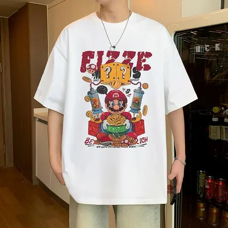 美式复古街头印花短袖t恤男夏季新款宽松半袖潮牌动漫圆领上衣服商品大图