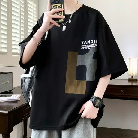 冰丝短袖t恤男夏季美式宽松半袖上衣男士潮牌设计感小众休闲体恤商品大图