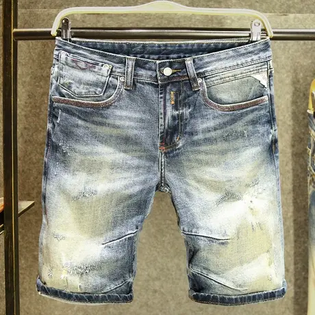 水洗磨破牛仔短裤男美式复古痞帅休闲五分裤夏季设计感拼接短裤男商品大图