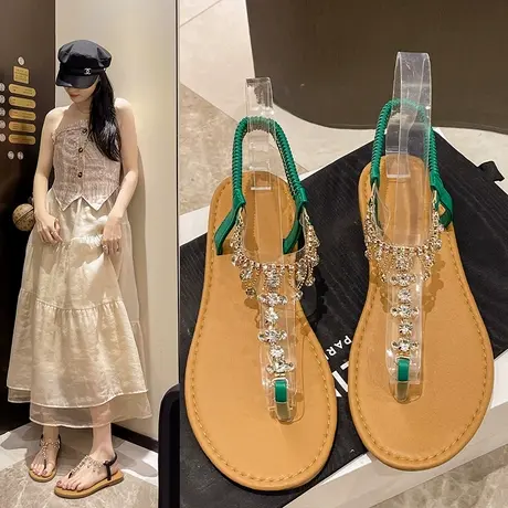 法式绝美凉鞋女夏季2025新款夹趾水钻平底海边沙滩配裙子罗马鞋子图片
