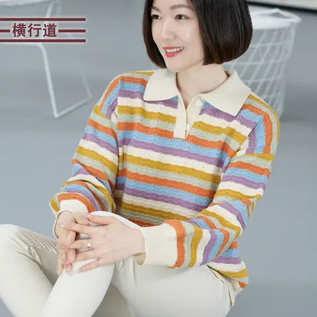 2023年冬季韩版胖MM翻领长袖条纹针织衫毛衣女外穿宽松有领上衣服图片