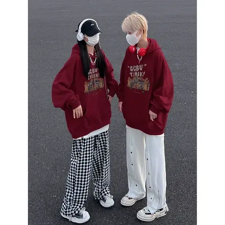 酒红色连帽卫衣女秋冬加绒加厚美式hiphop潮牌大码情侣外套bf上衣图片